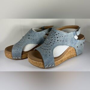 Corkys Denim and Silver Studded Wedges